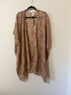 Raj Floral Kimono in Beige with Pink and Green Accents